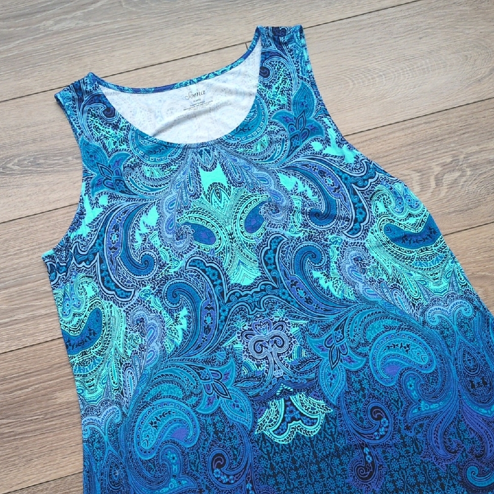 Soma Sleevelss Lounge Tank Top Shirt - Blue Paisley Floral - Stretchy - XL